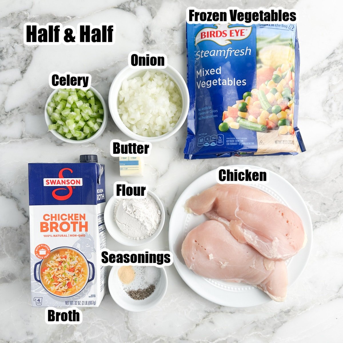 Chicken, diced onion, celery, frozen vegetables, broth, and seasonings. 