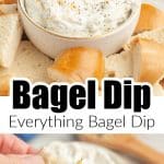 Bowl of cream cheese dip with cut up bagels.