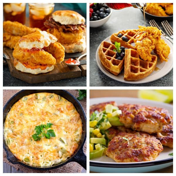 Chicken biscuit, chicken and waffles, quiche, and chicken sausage.