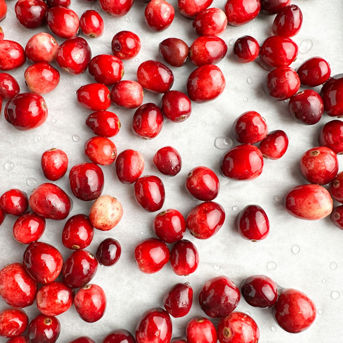 Cranberries on parchment paper. 