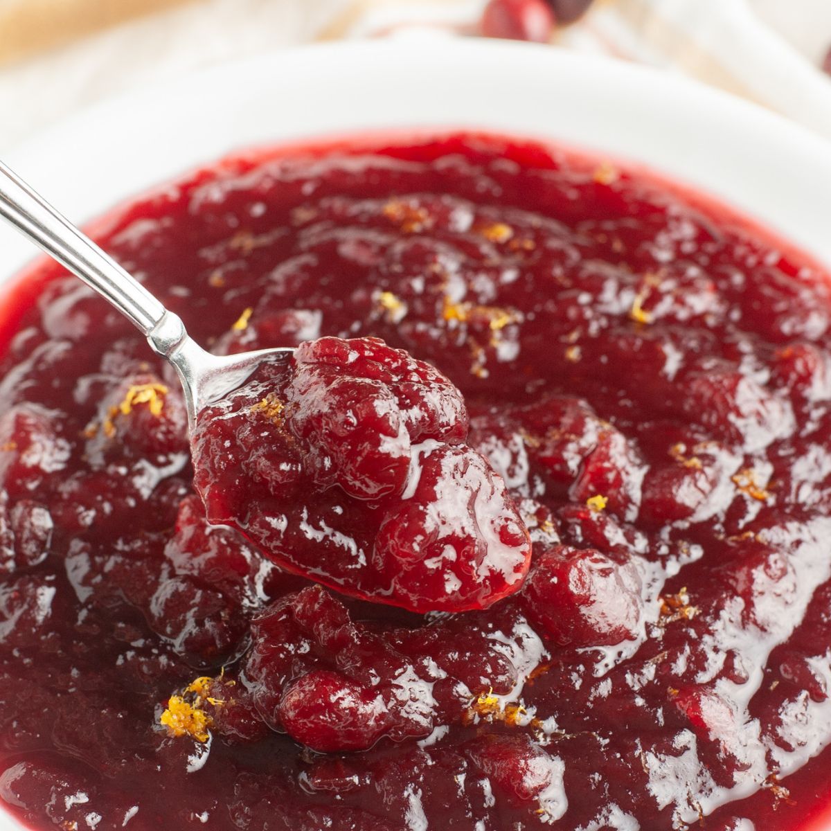 Bowl with a spoon full of cranberry sauce. 