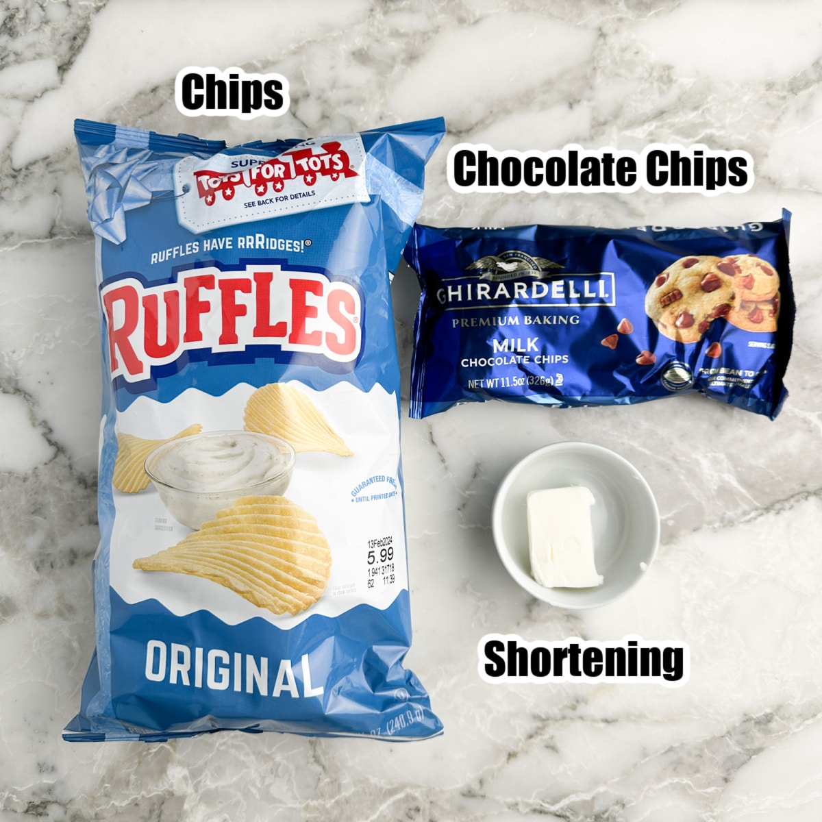 Bag of potato chips, bag of chocolate chips, and shortening.