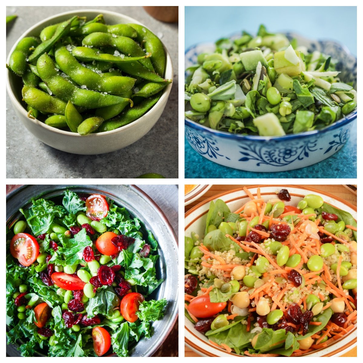 Edamame in a bowl, edamame salad, and edamame stir fry. 