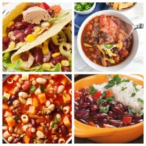 Bean tacos, chili, vegetable soup, and beans and rice.