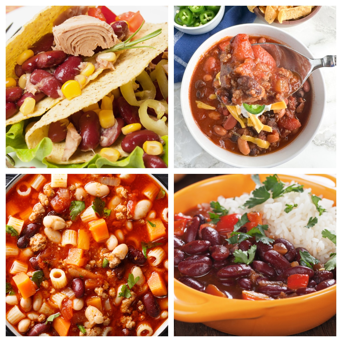 Bean tacos, chili, vegetable soup, and beans and rice. 