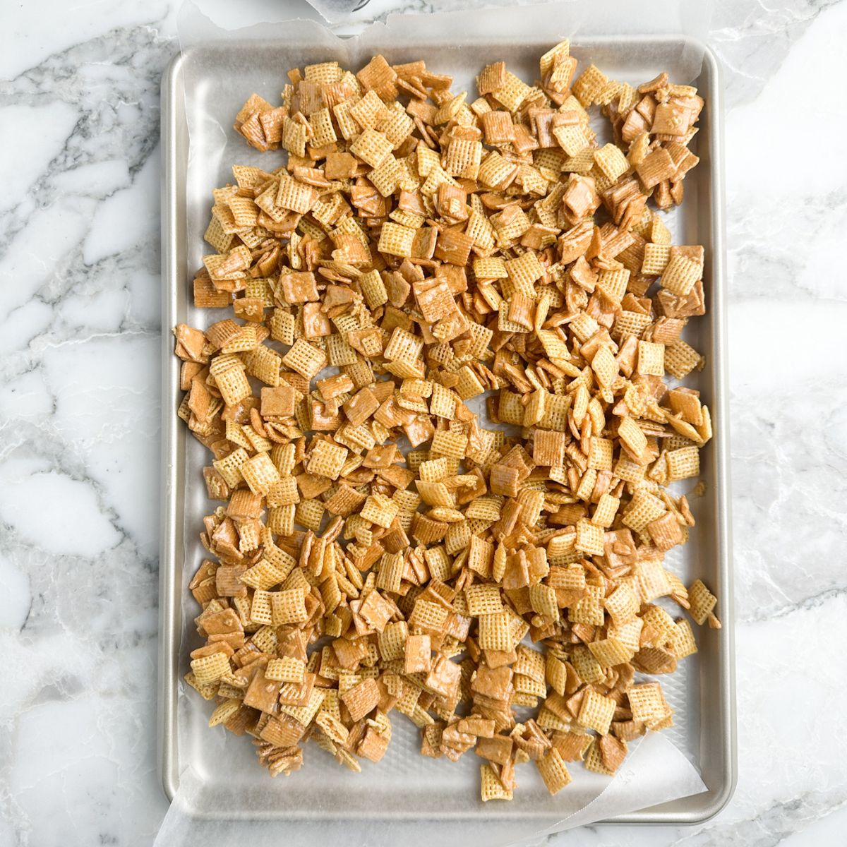 Pan with chex mix. 