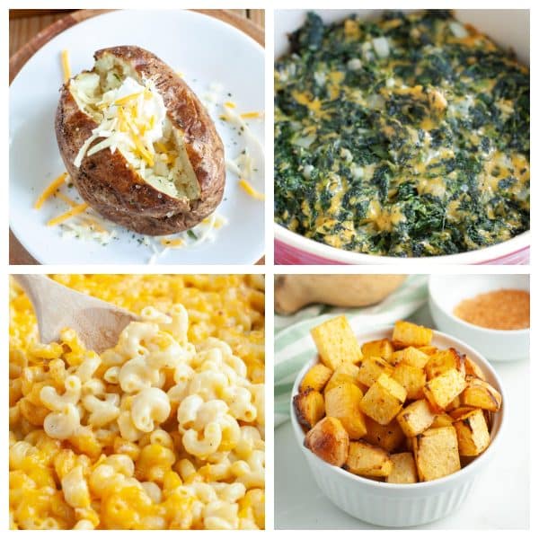 Baked potato, spinach casserole, mac and cheese, and roasted rutabaga.