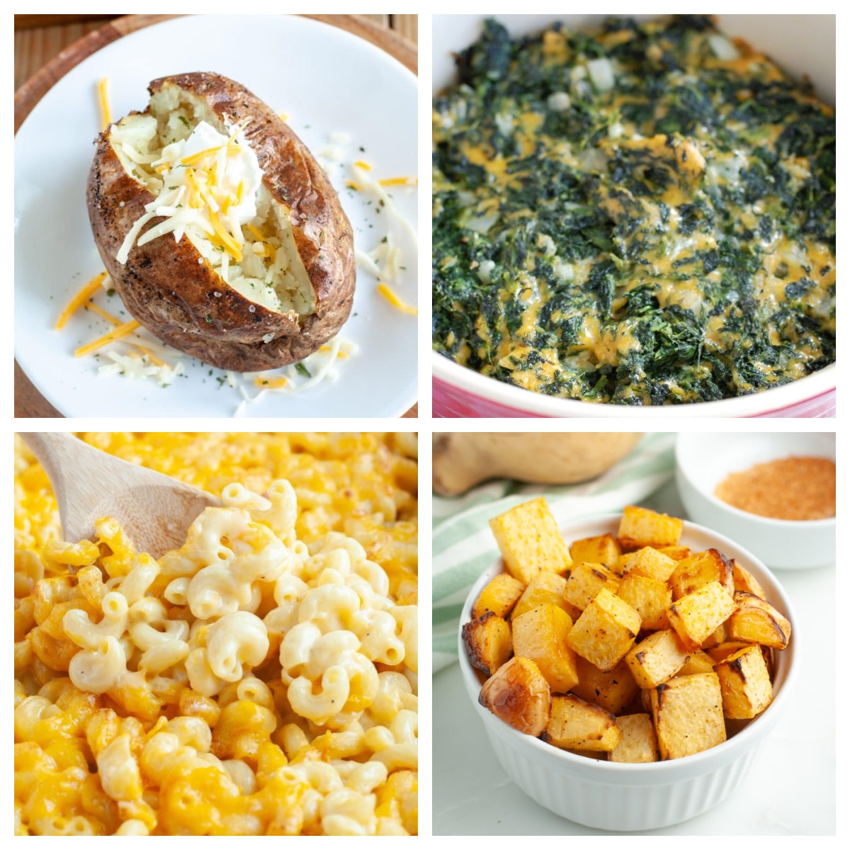 Baked potato, spinach casserole, mac and cheese, and roasted rutabaga. 