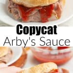 Roast beef sandwich with a red sauce.