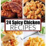 Buffalo wings, spicy chicken, buffalo chicken sandwich, and pasta.