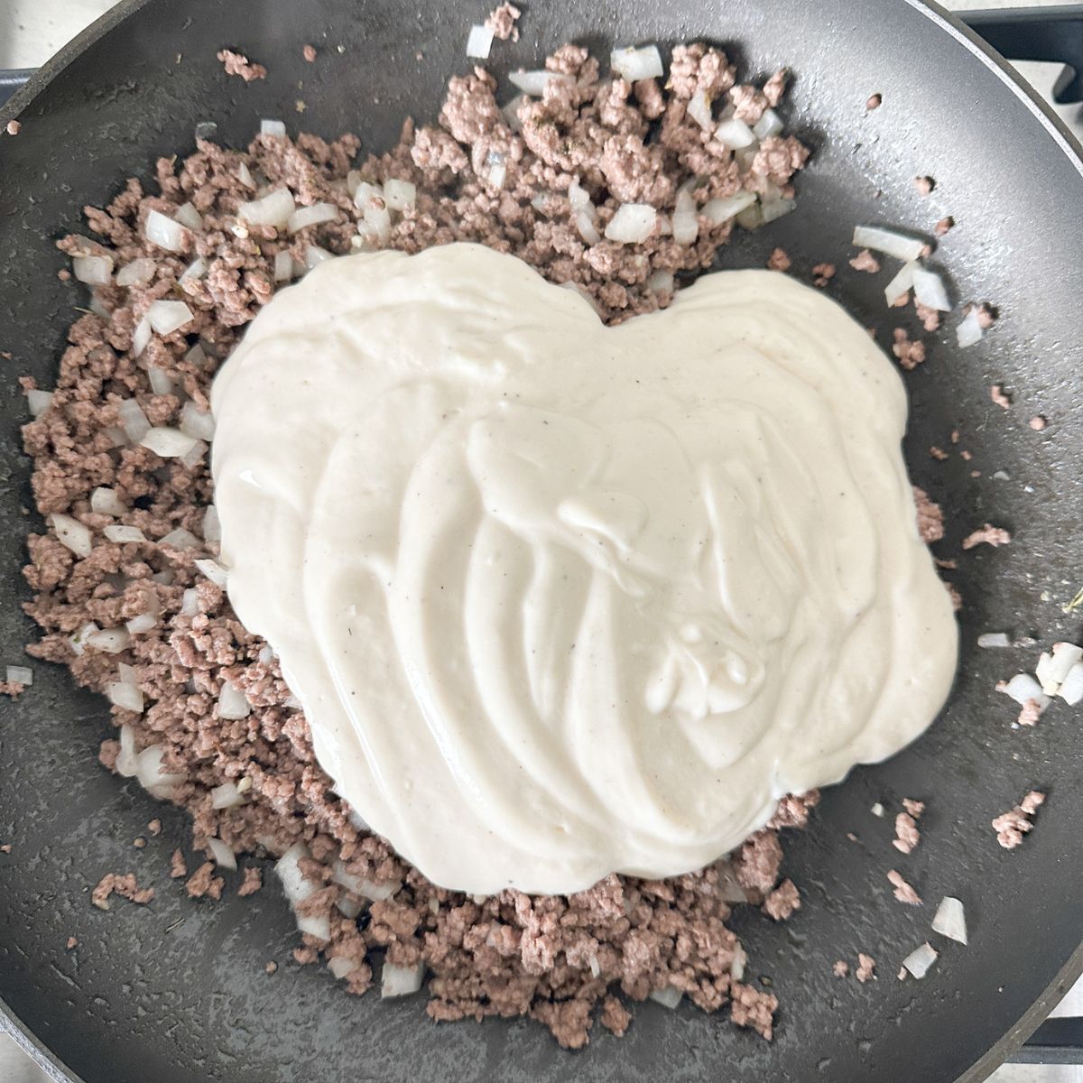 Ground beef with diced onion and alfredo sauce. 