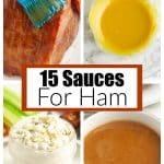Ham, bowl of mustard sauce, blue cheese dressing, and bowl of glaze.