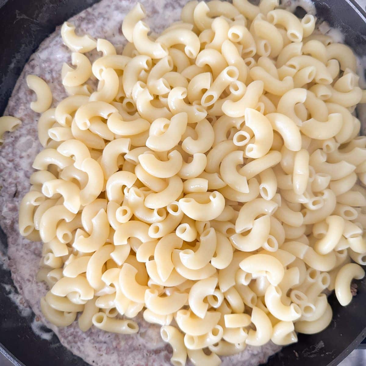 Elbow pasta over a creamy sauce. 