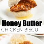 Fried chicken biscuit with honey.