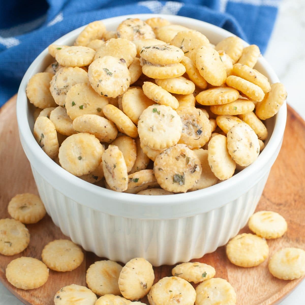 Bowl of seasoned oyster crackers. 