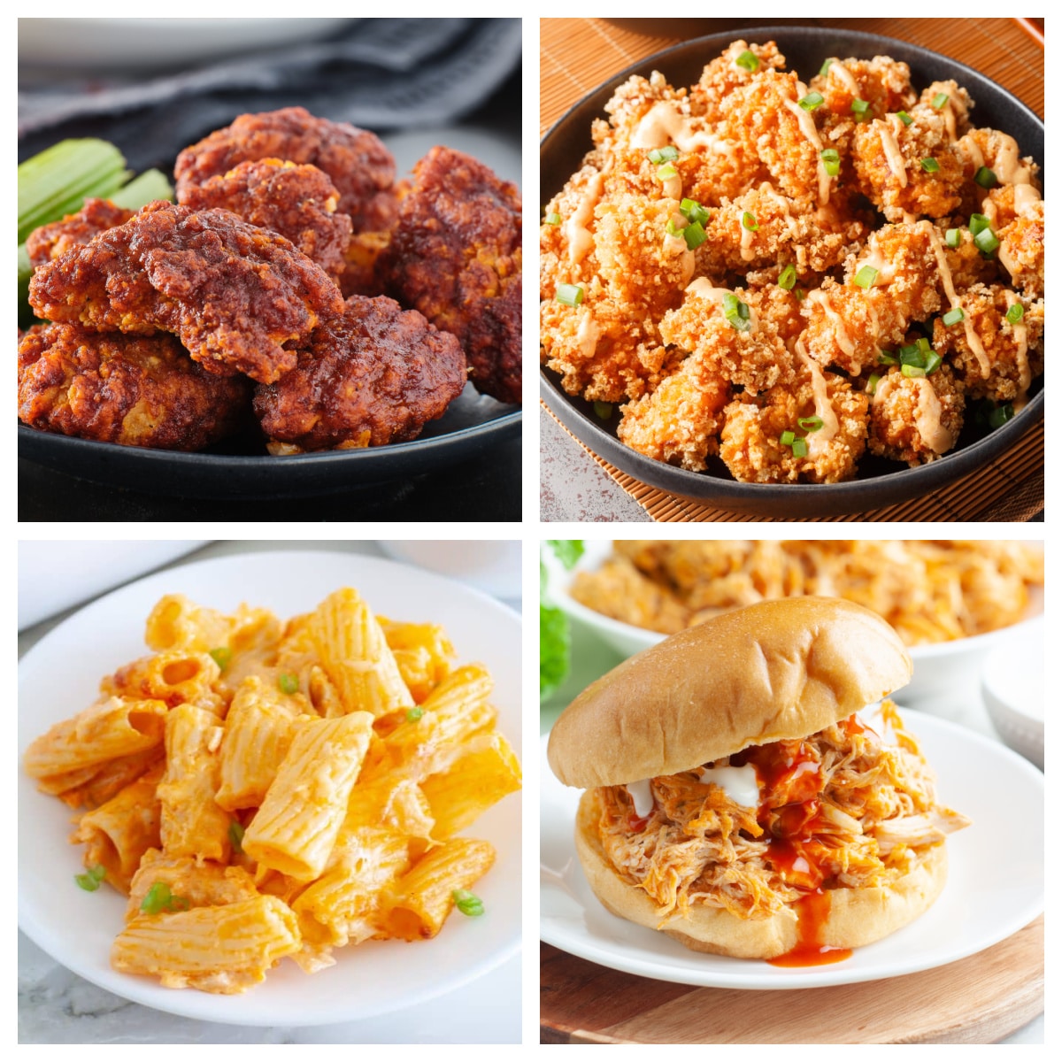 Buffalo wings, bang bang chicken, pasta, and chicken sandwich. 