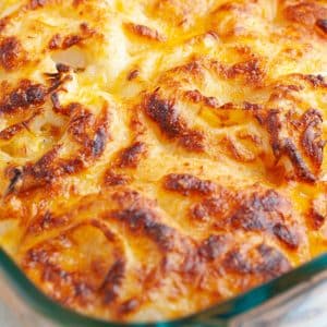 Casserole dish with cheesy onions.