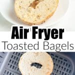 Toasted bagels in an air fryer basket.