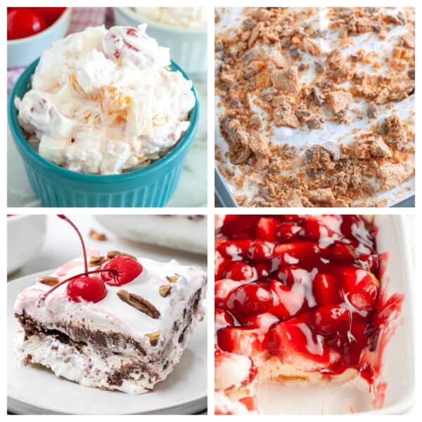 Ambrosia salad, poke cake, chocolate layered dessert, cherry cake.