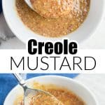 Bowl with mustard and a spoon.