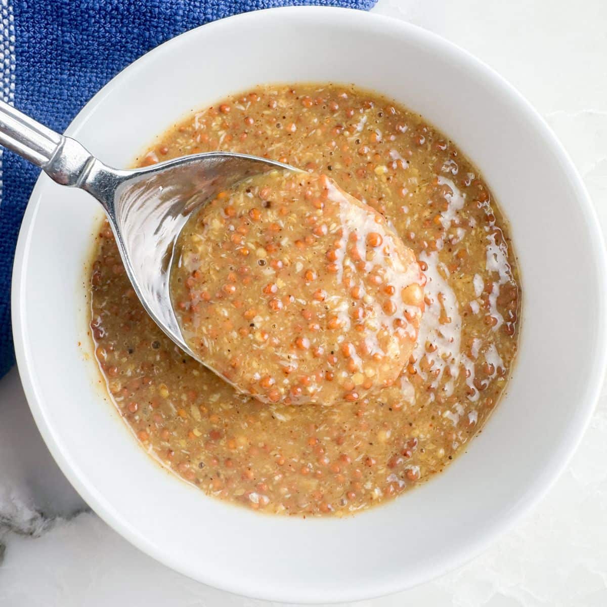 Bowl of grainy mustard with a spoon. 