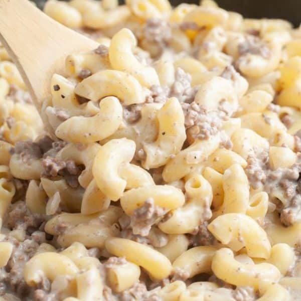 Macaroni noodles with ground beef and alfredo sauce.