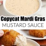 Bowl of creamy sauce with a chicken tender.