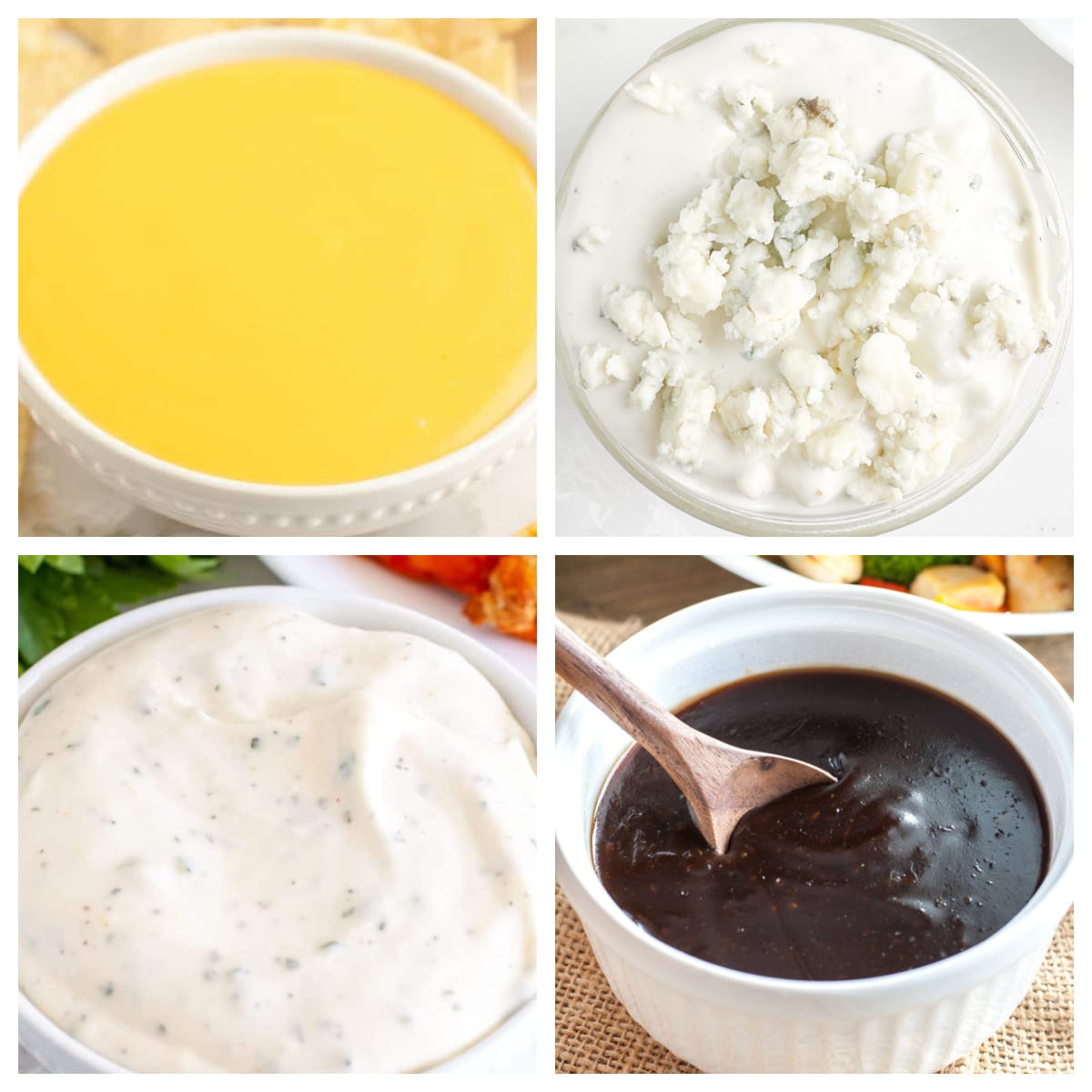 Cheese sauce, blue cheese dip, ranch, and teriyaki sauce. 