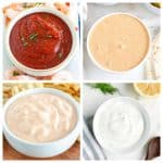 Bowl of cocktail sauce, tartar sauce, and spicy sauce.