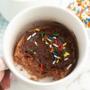 Coffee mug with chocolate cake in the mug.