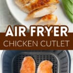 Chicken cutlet on a plate and in the air fryer.