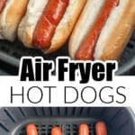 Hot dogs in an air fryer basket.