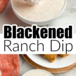 Bowl of blackened ranch dip with a chicken tender.