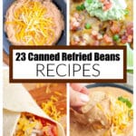 Bowl of refried beans, bean burrito, and bean nachos.