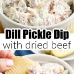 Bowl with a potato chip dipping into pickle dip.
