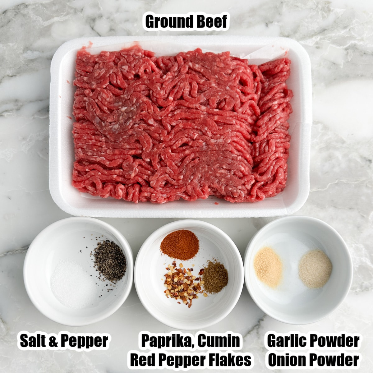 Ground beef, bowls of seasonings. 