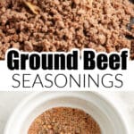 Skillet with ground beef and a bowl of seasonings.