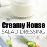 Jar of salad dressing and a bowl of salad.