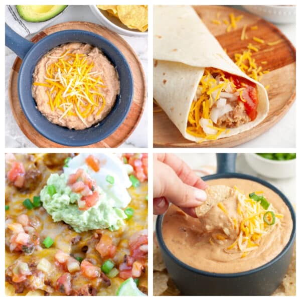 Bowl with refried beans, burrito, nachos, and dip.