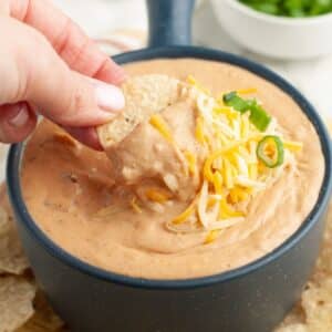 Bowl of bean dip with chip dipping the dip.