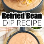 Bowl of bean dip with a chip.