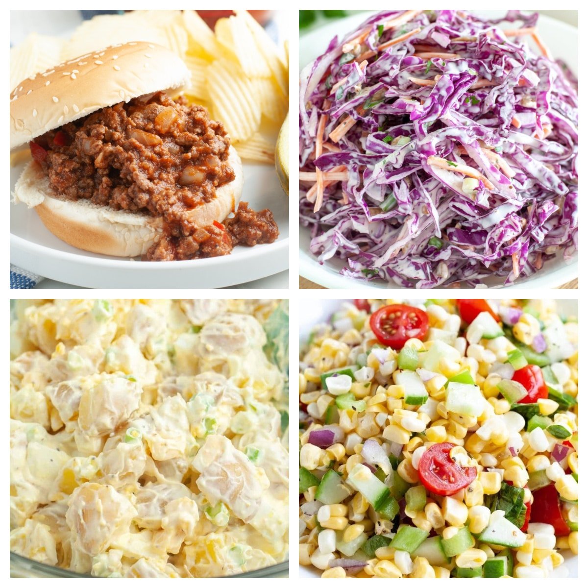 Sloppy joe sandwich, slaw, potato salad, and corn salad. 