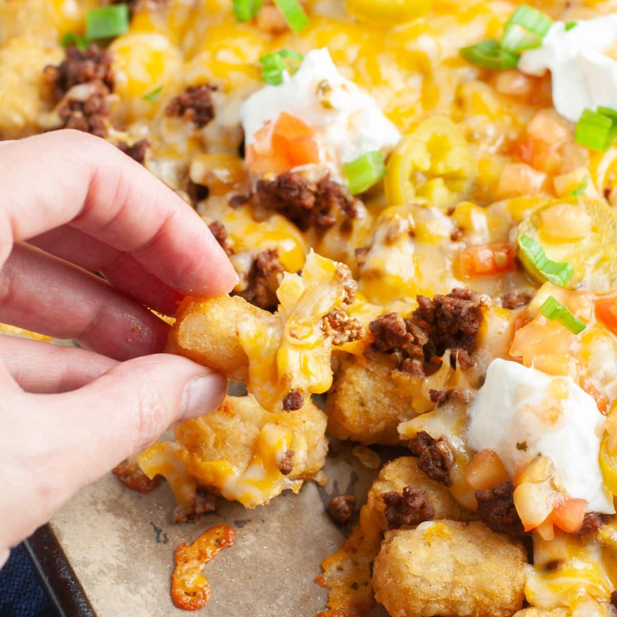 Hand holding tater tot nachos. 