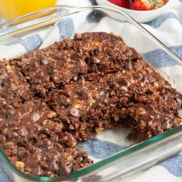 Baking dish with chocolate baked oatmeal.