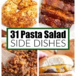 Chicken tenders, ribs, baked beans, and a cheeseburger.