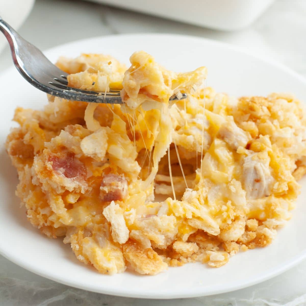 Plate with chicken and hash brown casserole with a fork picking it up. 