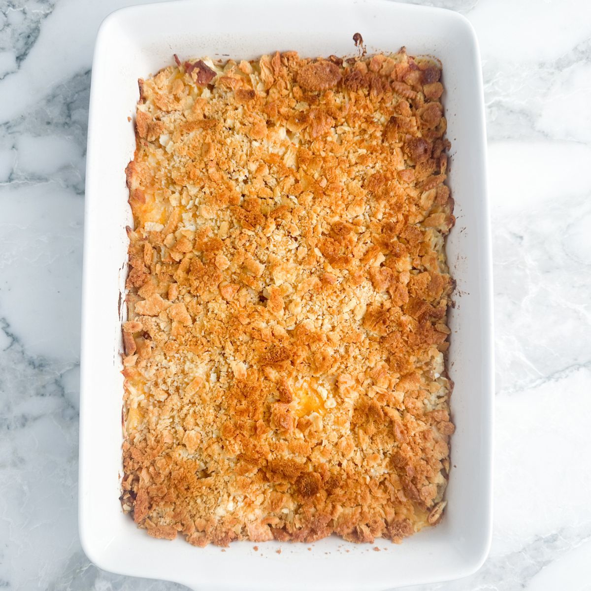 Casserole dish with a casserole with cracker crust. 