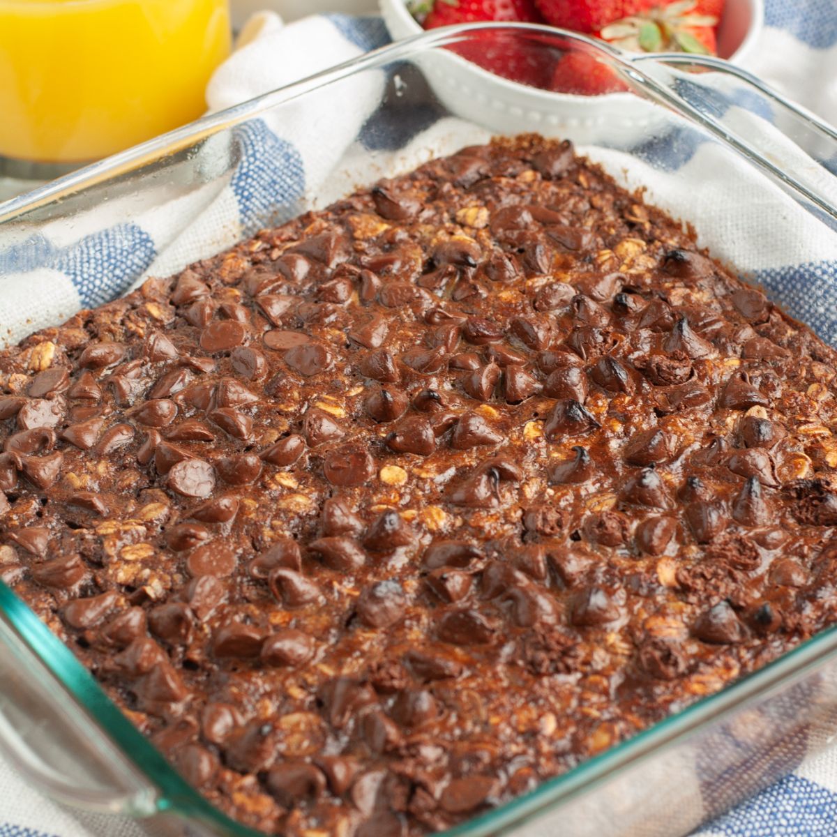 Baking dish with chocolate baked oats. 