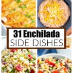 Enchiladas, refried beans, corn salad, and bean salad.