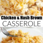 Plate with chicken hash brown casserole and fork.